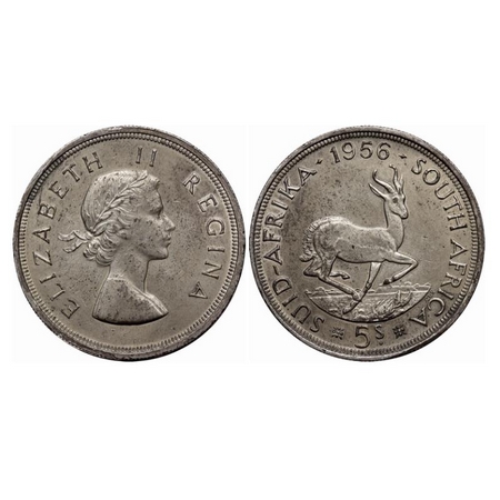 South Africa, Silver (0.500 Silver) 5 Shillings, 28.18gm, 1956 AD, Obv: Bust of Elizabeth