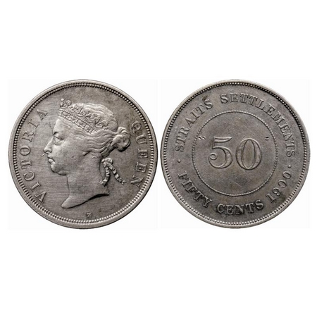 Straits Settlements, Silver (0.800 silver), 13.50gm, 50 Cents, 1900 H, Obv: Bust of Victor