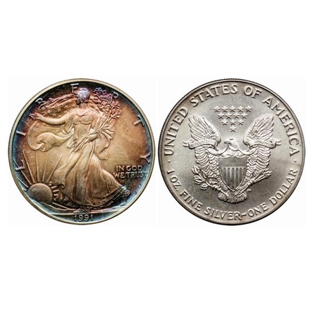 U.S.A., Silver Dollar (0.9993 silver), 31.05gm, 1991, Obv: Liberty standing in front of su