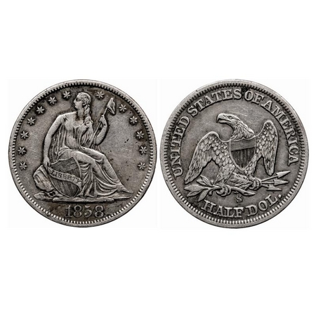 USA, Silver (0.900 silver), 12.23gm, Half Dollar, 1858, Obv: Seated liberty Rev: Eagle, De