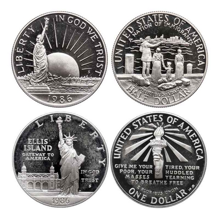 USA,Copper Nickle Clad Copper, (2 Coins set), Commemorative set of 1986, 1$ ELLIS ISLAND, 