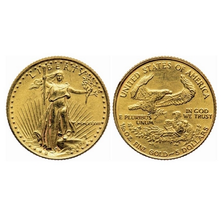 USA, Gold (0.9167 gold) 5 Dollar, 3.40gm, MCMLXXXVII, (1987), American Eagle type. KM# 216