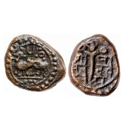 Vijayanagar Kingdom, Copper Kasu, 3.45gm, 14.50mm, Devaraya I, Obv: Elephant and bull figh