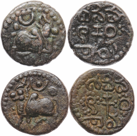 Vijayanagar Kingdom, Copper Kasu (2 coins), Devaraya I, Obv: Humped bull walking to right 