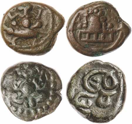 Nayakas of Madurai, Copper Kasu, (2 Coins), Obv: Seated figure of Ganesha within dotted ci