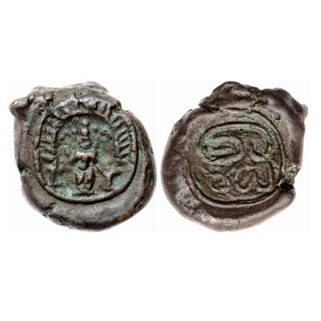 Nayakas of Madurai, Copper Kasu, 3.39gm, Obv: Vishnu standing within radiant arch flanked 