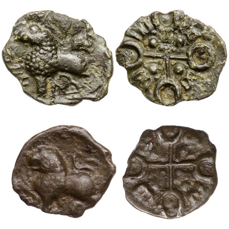 Satavahanas, Siri Satakarni, Junnar Area, Potin Unit, (2 Coins), Junnar Lion Type, Obv: Li