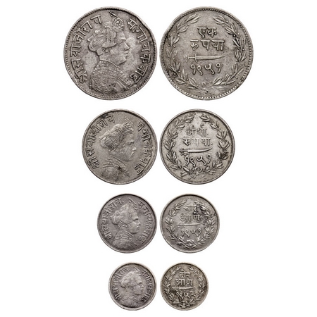 Baroda, Silver (4 Coins set), Sayaji Rao III, Rupee VS 1951, ½ Rupee 1951, 4 Annas 1951 & 