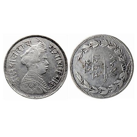 Baroda, Silver Rupee,11.28gm, Sayaji Rao III, Portrait Type, VS 1954, Reverse die Axis 9'o
