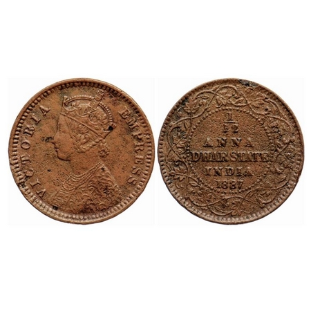 Dhar, Copper 1/12 Anna, 1.85gm, Anand Rao III, 1887 AD, bust of Victoria Empress on obv. K