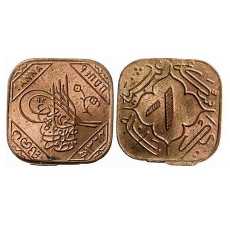 Hyderabad, Bronze Anna, 3.71gm, Mir Usman Ali Khan (AH 1329-1368/ 1911-1948 AD), Farkhanda