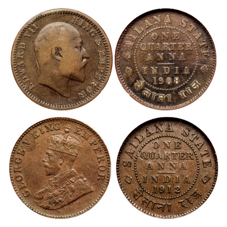 Sailana, Copper 1/4 Anna (2 Coins), Jaswant Singh (1890-1919 AD), 1908 AD, 1912 AD, bust o