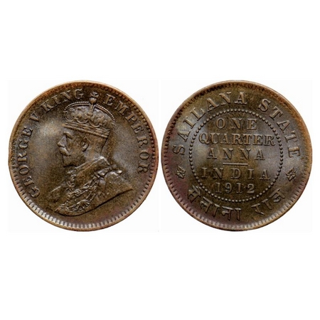 Sailana, Copper ¼ Anna, 4.90gm, Jaswant Singh (1890-1919 AD), 1912 AD, bust of George V on