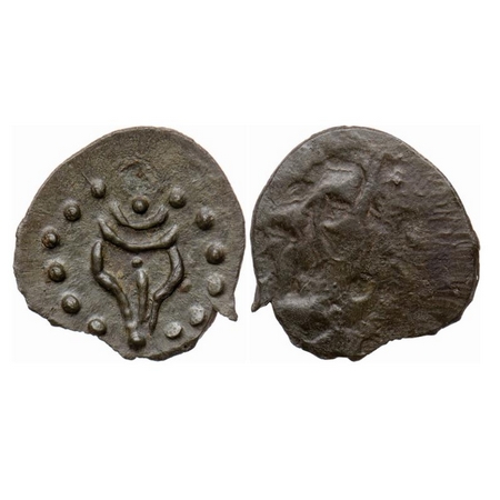 Kadambas of Banavasi Region, Potin Unit, 1.17gm, Obv: Conch within a dotted border, Rev: T
