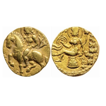 Guptas, Chandragupta II, Gold Dinar, 8.23gm, Horseman Type, Obv: King riding a caprisoned 