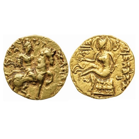 Guptas, Chandragupta II, Gold Dinar, 7.87gm, Horseman Type, Obv: King riding a caprisoned 