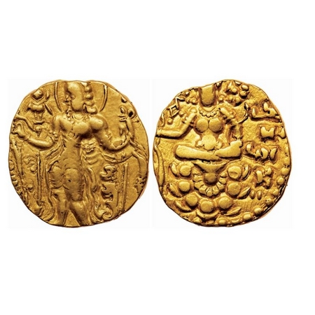 Guptas, Chandragupta II, Gold Dinar, 8.03gm (Heavy weight), Archer Type, Obv: King nimbate