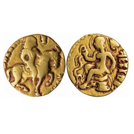 Guptas, Kumargupta I, Gold Dinar, 7.98gm, Horseman Type, Obv: King riding a caprisoned hor