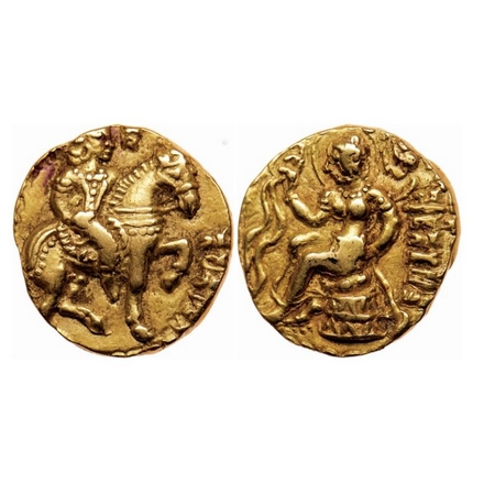 Guptas, Kumargupta I (c. 414-155 AD), Gold Dinar, 7.80gm, Horseman Type, Obv: King without