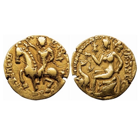 Guptas, Kumargupta I, Gold Dinar, 7.95gm, Horseman Type, Obv: King on horseback facing to 