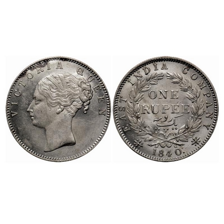 Victoria Queen, Silver Rupee, 1840, Calcutta Mint, C/L, A/I, English Head, Short neck, Bud