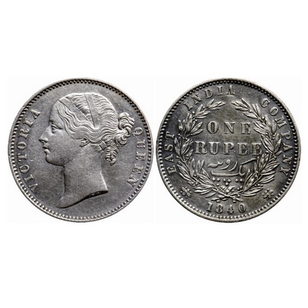 Victoria Queen, Silver Rupee, 1840, Calcutta Mint, D/L, W.W. raised, 28 Berries (13L + 15R