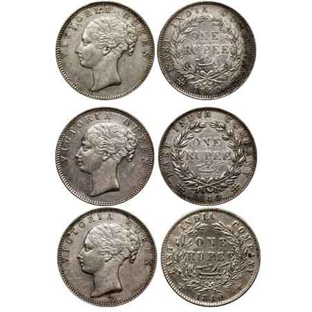 Victoria Queen, Silver Rupee (3 Coins), 1840, C/L, Bombay Mint, A/I, English Head, Short n