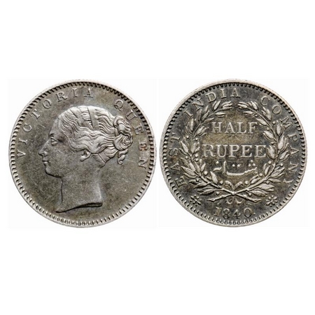 Victoria Queen, Silver 1/2 Rupee, 1840, C/L, Bombay Mint, A/I, English Head, Wreath with 1