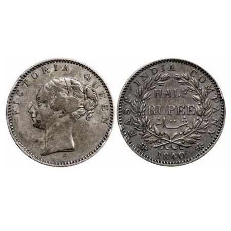 Victoria Queen, Silver 1/2 Rupee, 1840, C/L, Bombay Mint, A/I, English Head, Wreath with 1