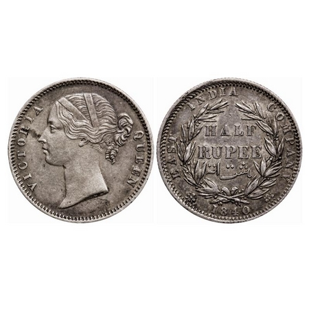 Victoria Queen, Silver 1/2 Rupee, 1840, D/L, Calcutta Mint, .W.W incused, 24 Berries (12L 