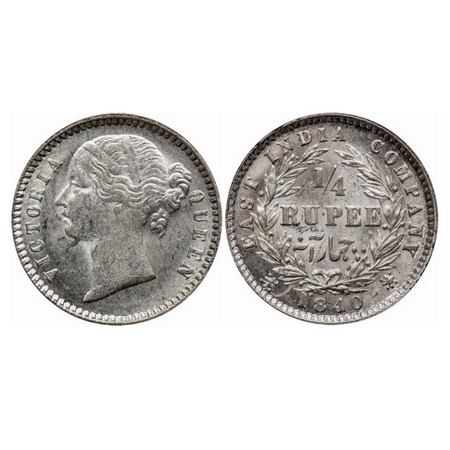 Victoria Queen, Silver Quarter Rupee, 1840, D/L, Calcutta Mint, W.W. raised, 10 Berries (6