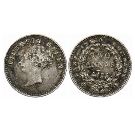 Victoria Queen, Silver 2 Annas, 1841, Calcutta Mint, C/L, A(a)/I, Plain edge, Curl of hair