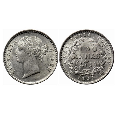 Victoria Queen, Silver 2 Annas, 1841, Calcutta Mint, D/L, W.W. raised, 9 Berries (5L + 4R)