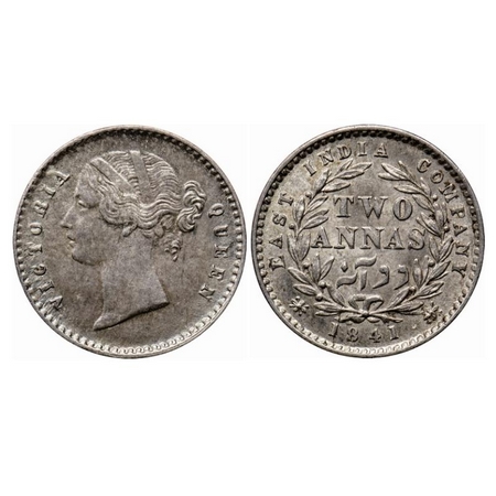Victoria Queen, Silver 2 Annas, 1841, D/L, Calcutta Mint, W.W. raised, 9 Berries (5L + 4R)