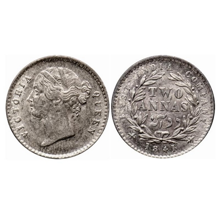 Victoria Queen, Silver 2 Annas, 1841, D/L, Calcutta Mint, W.W. raised, 9 Berries (5L + 4R)