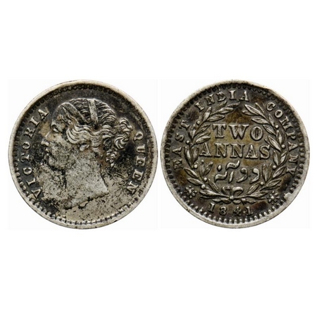 Victoria Queen, Silver 2 Annas, 1841, Madras Mint, D/L, 'S' incused, W.W. raised, 9 Berrie
