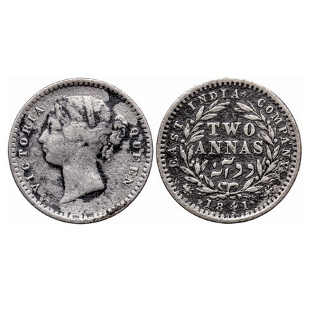 Victoria Queen, Silver 2 Annas, 1841, D/L, Madras mint, 'S' incused, W.W. raised, 10 berri
