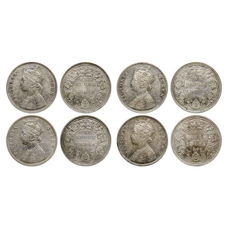 Victoria Queen, Silver Rupee (4 Coins), 1862, 1) Calcutta Mint, A/II/0/0, 2) Bombay Mint,