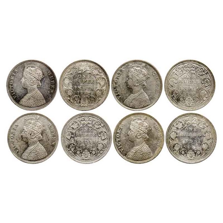 Victoria Queen, Silver Rupee (4 Coins), 1862, 1) Calcutta Mint, A/I/0/0, 2) Bombay Mint, B