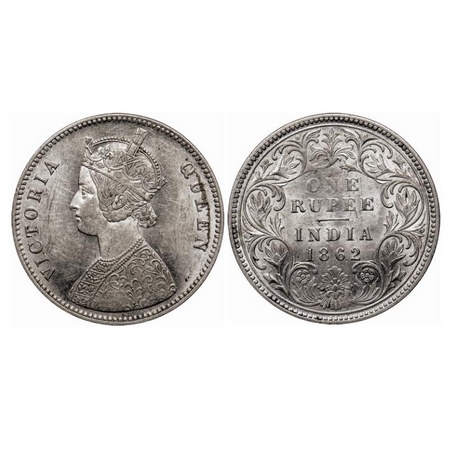 Victoria Queen, Silver Rupee, 1862, Calcutta Mint, A/I/0/0, w/o initial 'J'. GK 256. Extre