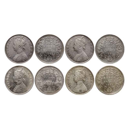 Victoria Queen, Silver Rupee (4 Coins), 1862, 1) Madras Mint, B/II/0/0, 2) Bombay Mint, B/