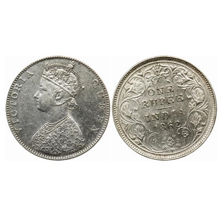 Victoria Queen, Silver Rupee, 1862, Bombay Mint, D/II, The Queens jabot has 4 & 3/4 or 5 p