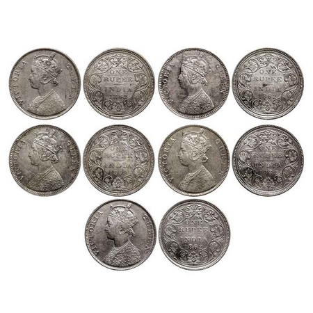 Victoria Queen, Silver Rupee (5 Coins), 1862, Bombay Mint, 1) B/II/1/0, Ghost on Obv & Rev