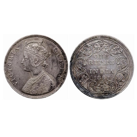 Victoria Queen, Silver Rupee, 1862, Bombay Mint, B/II/0/4, Position of Four dots is horizo