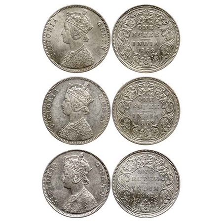 Victoria Queen, Silver Rupee (3 Coins), 1862, Bombay Mint, A/II/0/7 (2 Coins), B/II/2/0. G