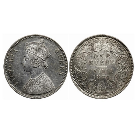 Victoria Queen, Silver Rupee, 1874, Calcutta Mint, A1/I, No mint mark. GK 418. Extremely F