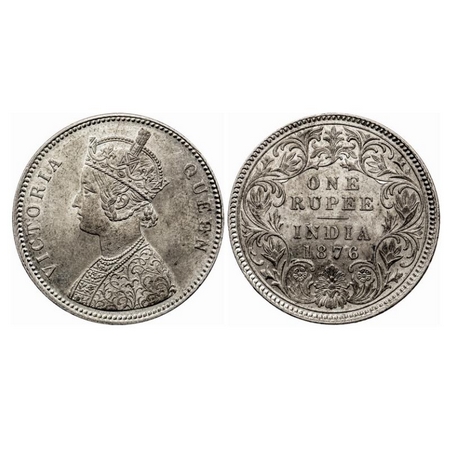 Victoria Queen, Silver Rupee, 1876, Calcutta Mint, A1/I, No mint mark, Ghost on Rev. GK 43