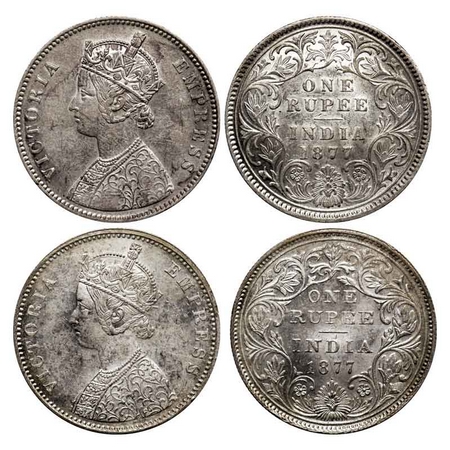 Victoria Empress, Silver Rupee (2 Coins), 1877, Bombay Mint, 1) A2/II, Dot, 3) A3/I, Dot. 