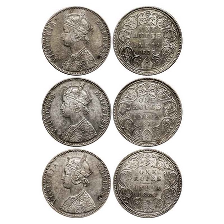 Victoria Empress, Silver Rupee (3 Coins), 1878, Bombay Mint, A3/II(i), Dot, 1879, Bombay M