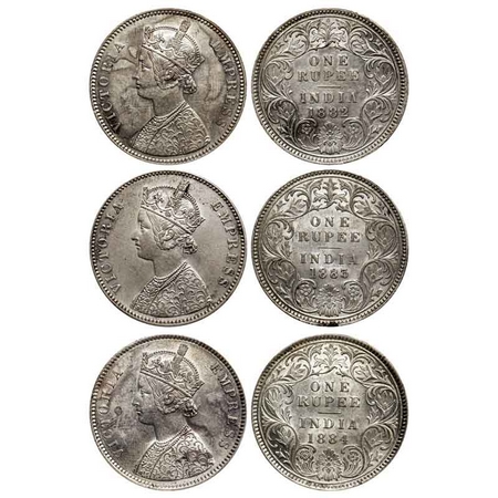 Victoria Empress, Silver Rupee (3 Coins), 1882, Calcutta Mint, A1/I, 'C' incused, 1883, Bo